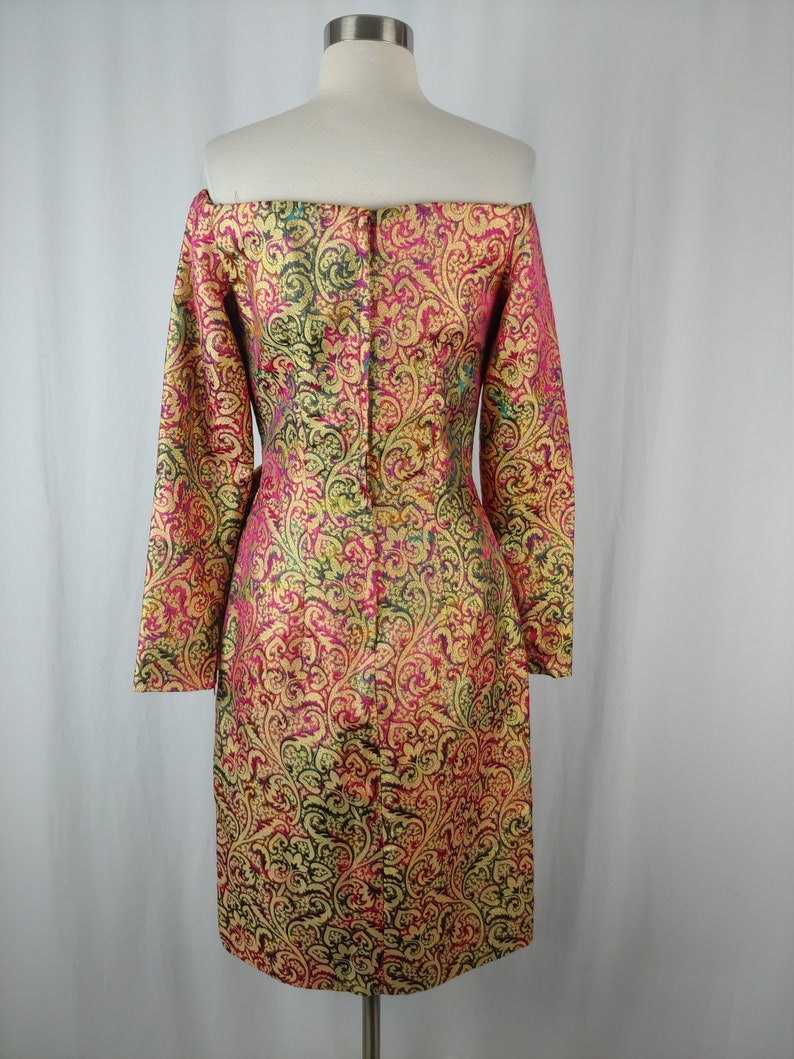 Vintage Eighties Victor Costa I. Magain Jacquard Dress 80s Off the Shoulder Cocktail Dress XS Colorful Gold Print Long Sleeve Dress image 6