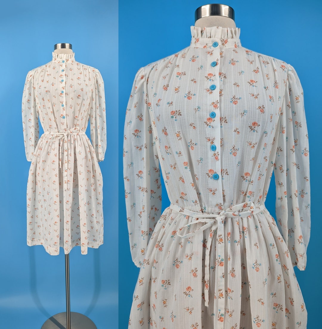 VINTAGE 60s 70s BROWN WHITE FLORAL EMBROIDERED WING COLLAR FOLK DRESS 10