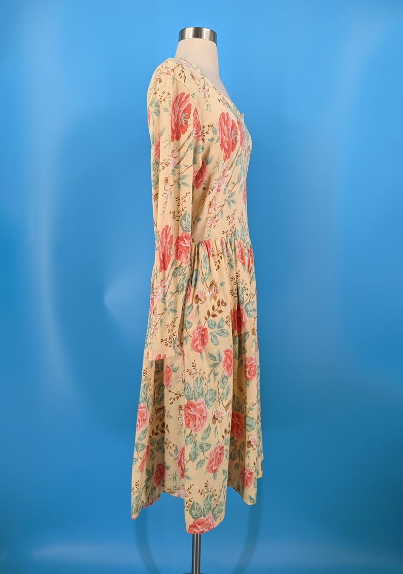 Vintage 90s Talbots Large Cotton Yellow Rose Print Long Sleeve Dress image 5