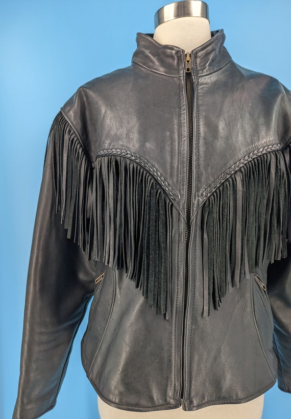 Vintage Eighties Women's Black Leather Fringed Mo… - image 3