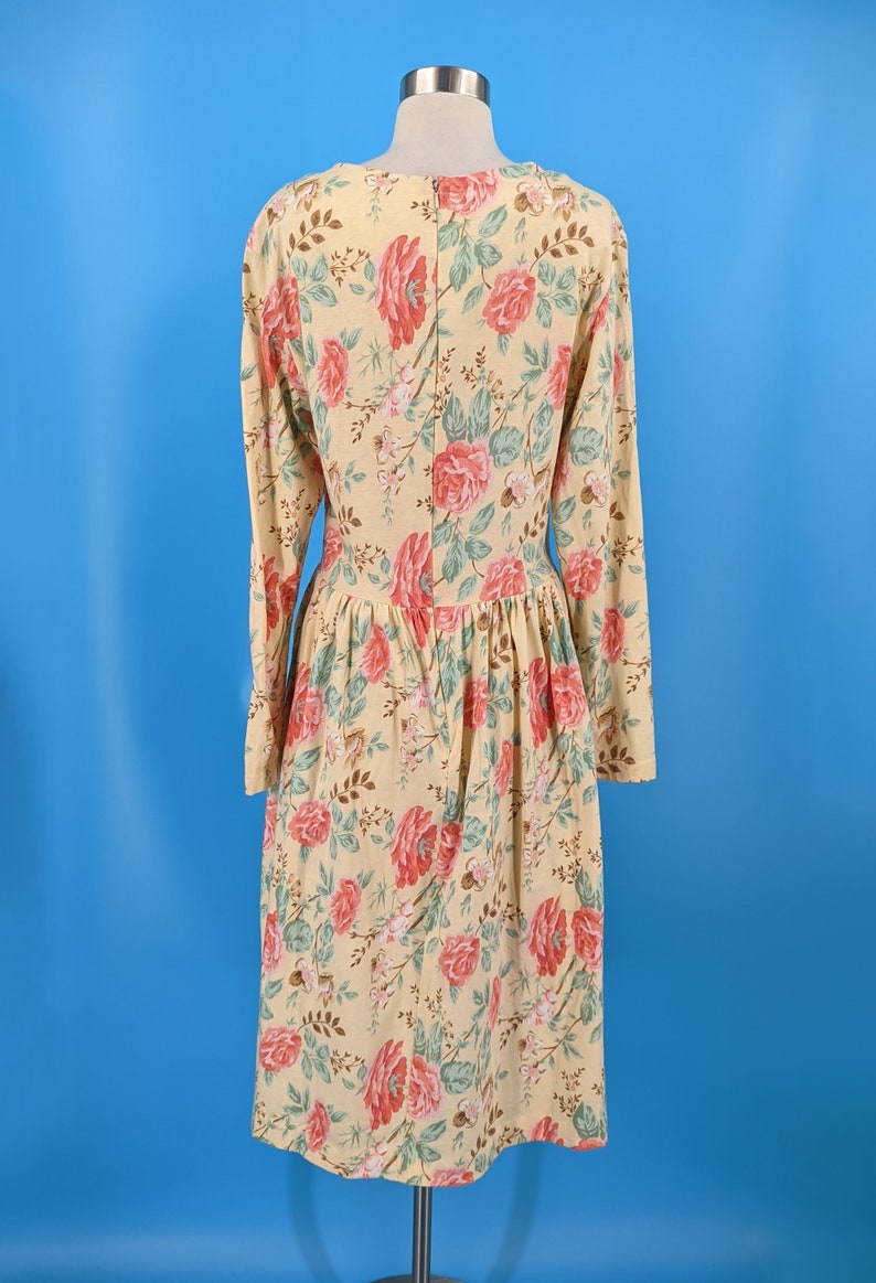 Vintage 90s Talbots Large Cotton Yellow Rose Print Long Sleeve Dress image 4