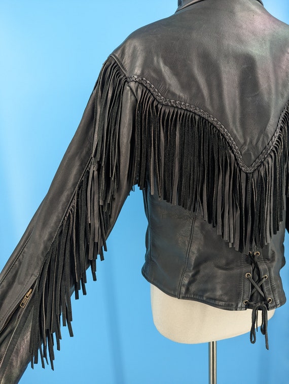 Vintage Eighties Women's Black Leather Fringed Mo… - image 2