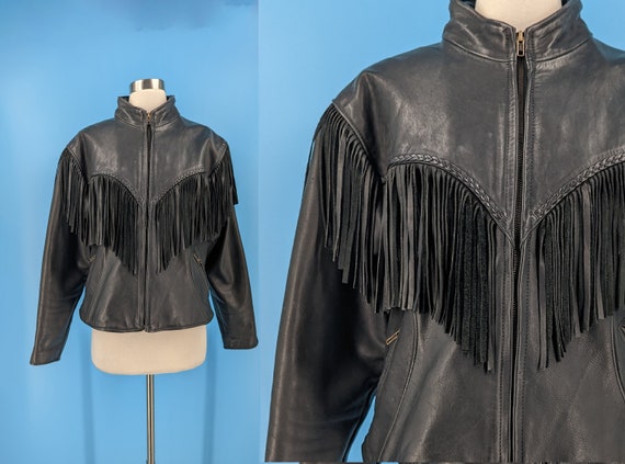 Vintage Eighties Women's Black Leather Fringed Mo… - image 1