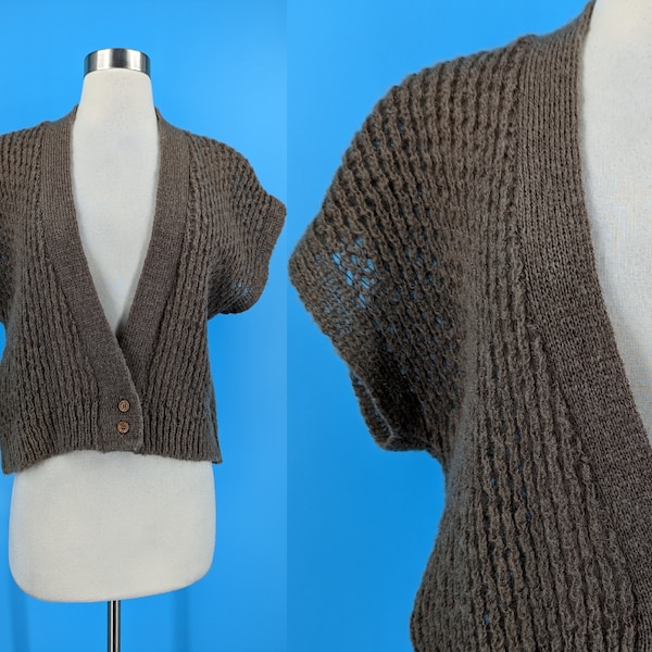 Vintage 80s Brown Fuzzy Open Knit Short Sleeve Oversized Cardigan Sweater - Small Eighties Boxy Cardigan Vest