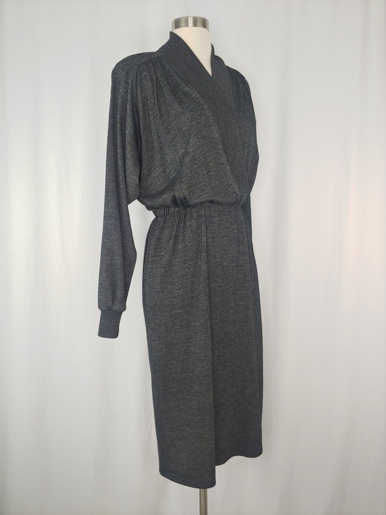 Vintage Eighties Gray Knit St Gillian Kay Unger Long Sleeve Dress 80s Medium Faux Wrap Dress image 5