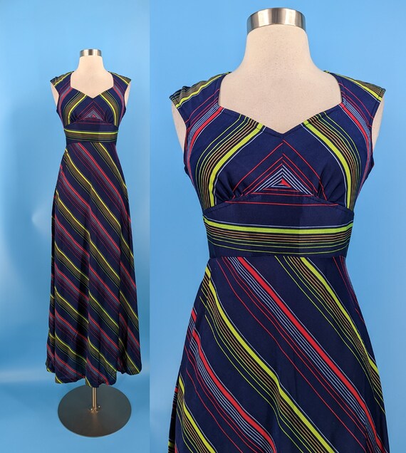 Vintage Seventies Xs Cap Sleeve Striped Empire Waist Maxi Dress with Cut Out Back - Blue Striped Xs Terri Juniors of California Maxi Dress