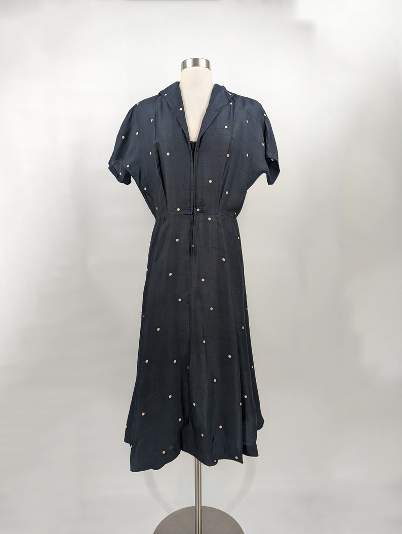Vintage 40s Polka Dot Silk Short Sleeve Zip Front Dress Medium Forties Fit & Flare Shirt Dress image 2