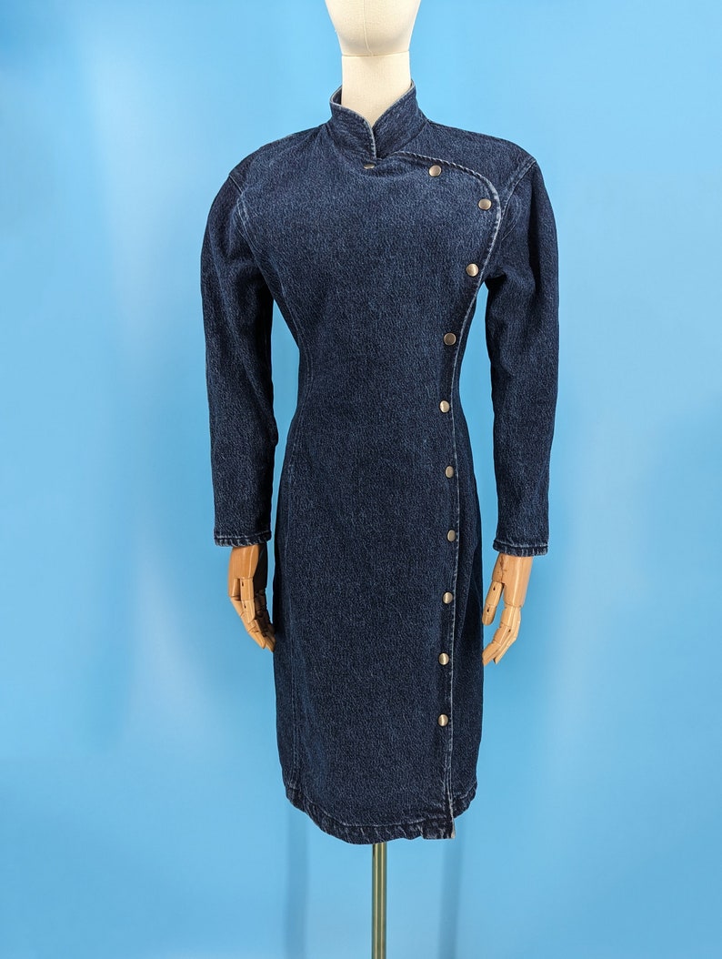 Nineties Paris Blues Small Long Sleeve Side Snap Denim Cheongsam Jean Dress image 9