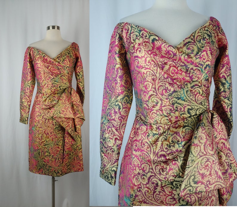 Vintage Eighties Victor Costa I. Magain Jacquard Dress 80s Off the Shoulder Cocktail Dress XS Colorful Gold Print Long Sleeve Dress image 1