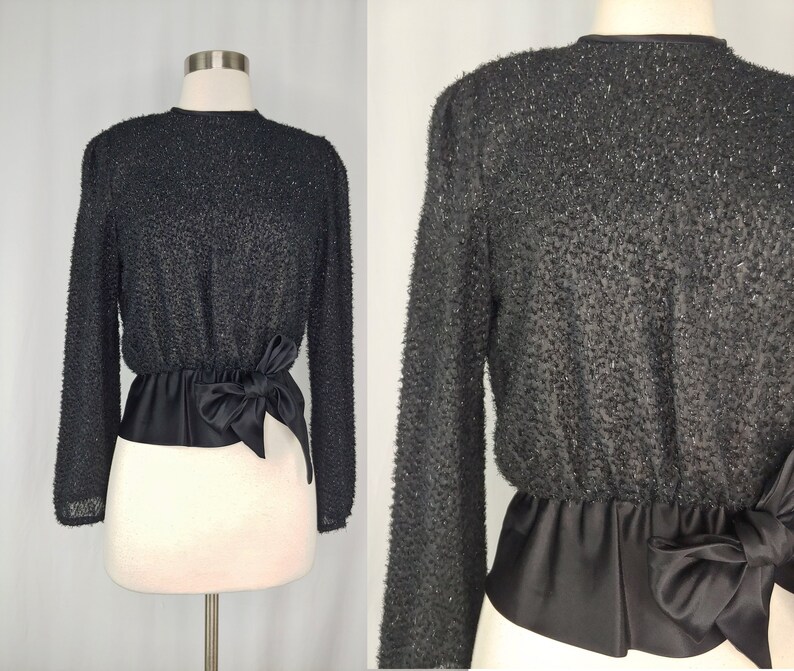 Vintage Seventies Black Fuzzy Metallic Long Sleeve Peplum Top 70s John Roberts Semi-sheer Button Back Blouse Small image 1