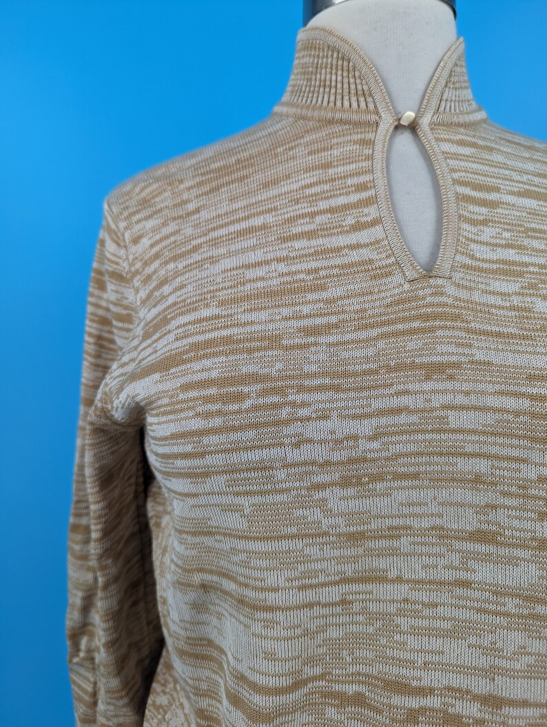 Vintage 70s Jaeger London Spacedye Silk Wool Pullover Sweater Seventies Tan Small Mockneck Keyhole Sweater image 2