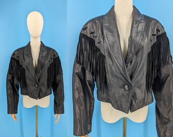 Jaren '90 American Leather XL Zwart leren bijgesneden jasje met franjes - Nineites XL leren damesjack met franjes