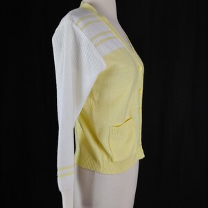 Vintage Seventies Yellow and White Cardigan Sweater 70s Acrylic Knit Small Women's Button Front Cardigan image 4