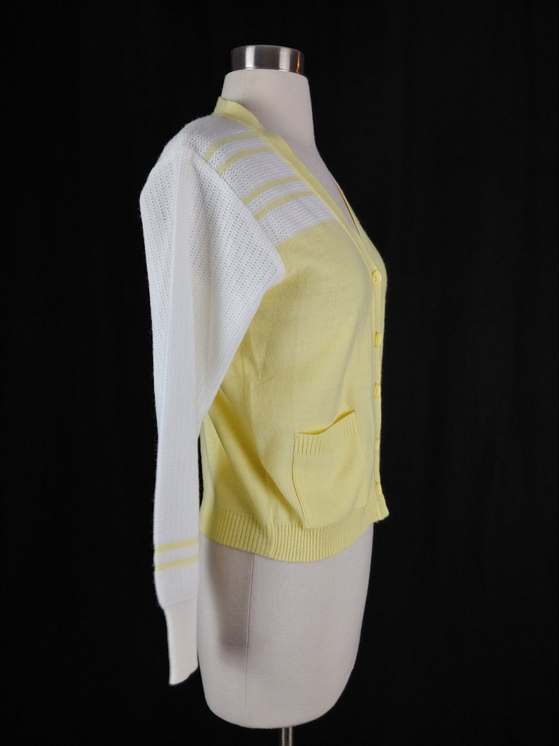 Vintage Seventies Yellow and White Cardigan Sweater 70s Acrylic Knit Small Women's Button Front Cardigan image 4