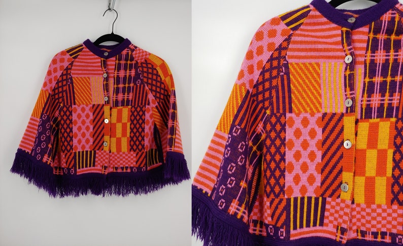 Vintage Seventies Girl's Colorful Button Up Fringe Poncho 70s Kids Acrylic Knit Patchwork Cape image 1