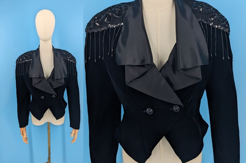 Vintage 80s Black Velvet Cropped and Fitted Western Tuxedo Jacket with Broad Shoulders and Beaded Trim Size 9 image 1