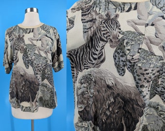 Vintage 90s All Over Animal Print Pocket Tee - Nineties Rayon Safari Print Small T-Shirt