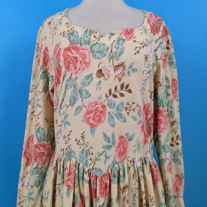 Vintage 90s Talbots Large Cotton Yellow Rose Print Long Sleeve Dress image 2