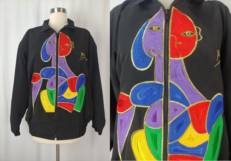 Vintage Eighties Picasso Jacket 80s Black Women's Large Mighty Soutache Colorful Picasso Woman Zip Up Jacket image 1