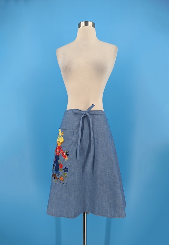Vintage 70s Small Chambray Wrap Skirt with Scarec… - image 2