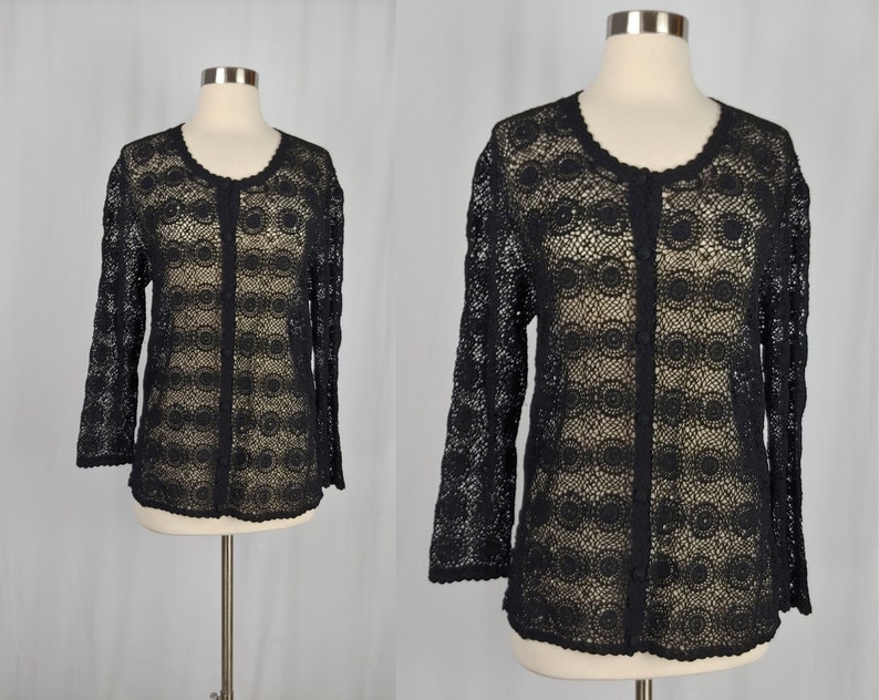 Vintage Seventies Hand Crochet Cardigan 1970s Black Cotton Sweater 70s Boho Begonia Top Large image 1