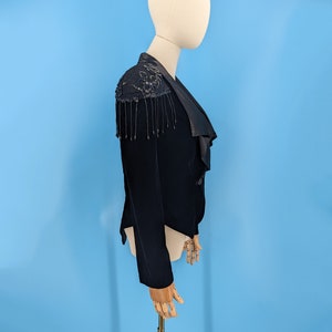 Vintage 80s Black Velvet Cropped and Fitted Western Tuxedo Jacket with Broad Shoulders and Beaded Trim Size 9 image 3