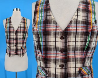 Vintage 70s Small Colorful Plaid Sleeveless Vest Top - Seventies Pea-pod Button Front Sleeveless Shirt
