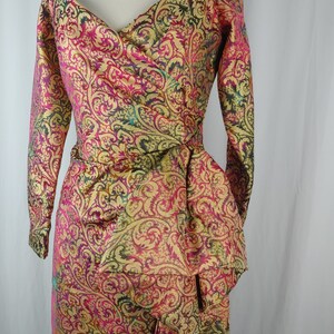 Vintage Eighties Victor Costa I. Magain Jacquard Dress 80s Off the Shoulder Cocktail Dress XS Colorful Gold Print Long Sleeve Dress image 3