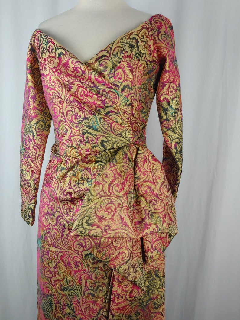 Vintage Eighties Victor Costa I. Magain Jacquard Dress 80s Off the Shoulder Cocktail Dress XS Colorful Gold Print Long Sleeve Dress image 3