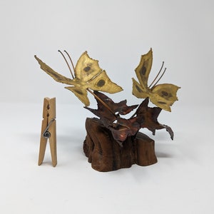 Vintage Seventies Torch Cut Brass Copper Wood Butterfly Fallen Leaves Brutalist 70s Small Sculpture image 10