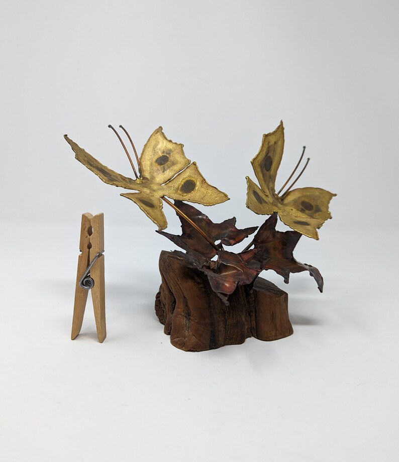 Vintage Seventies Torch Cut Brass Copper Wood Butterfly Fallen Leaves Brutalist 70s Small Sculpture image 10