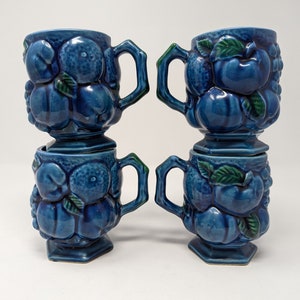 Vintage 60s Inarco Japan Blue Fruit Bowl Set of Four Mugs image 4