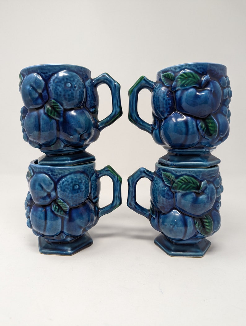 Vintage 60s Inarco Japan Blue Fruit Bowl Set of Four Mugs image 4