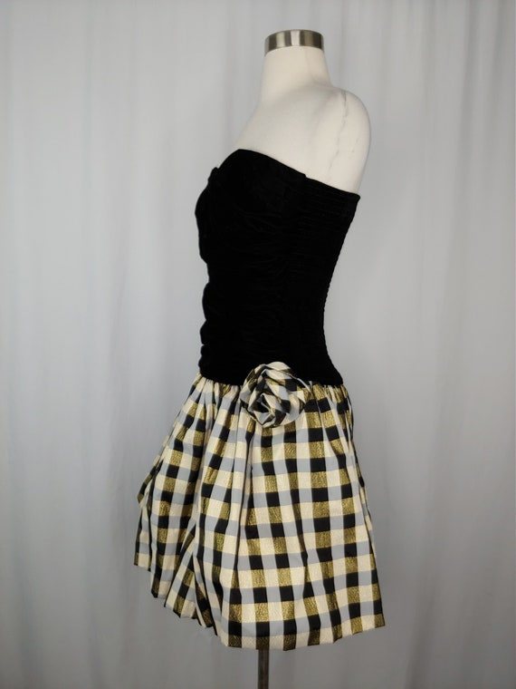 Vintage 90s XS Black Velvet Strapless Gold Plaid … - image 3