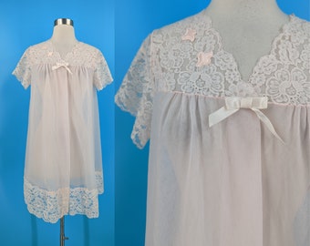 Vintage 60s Shadowline Small Pink Lace Sheer Baby Doll Robe - Sixties A-line Short Sleeve Snap Front Lingerie