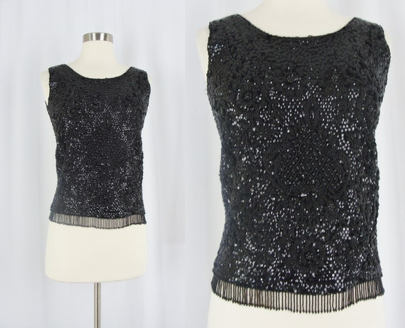 Vintage Sixties Beaded Top - 1960s Black Sequined… - image 1