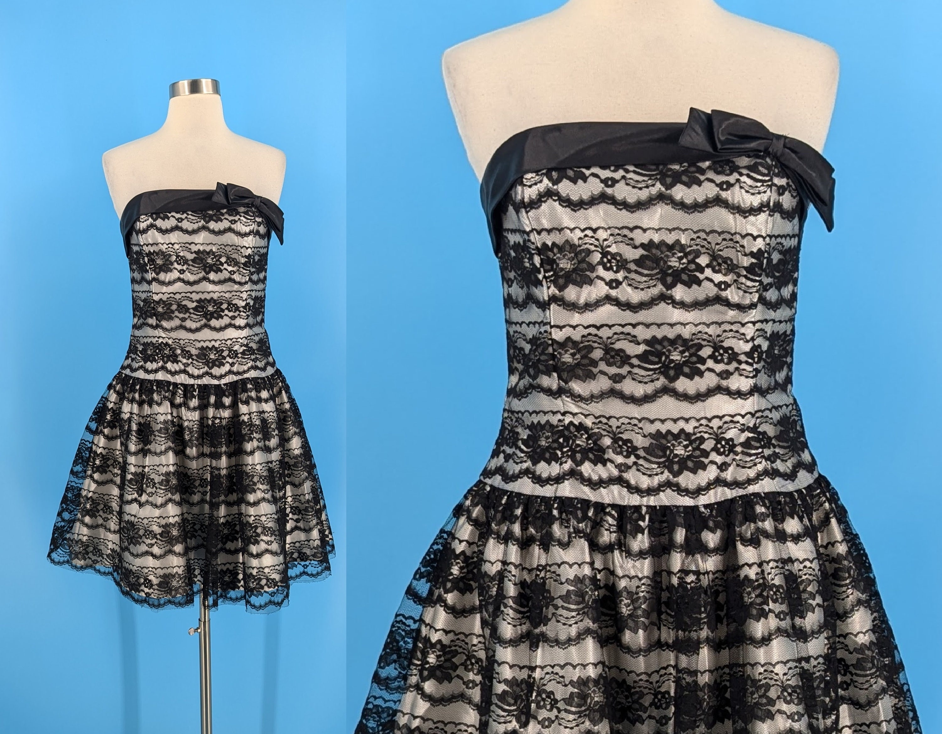 Vintage Y2K Jessica Mcclintock for Gunne Sax Strapless Black and White Lace  Poofy Prom Dress - 2000 XXS Fit and Flare Formal Mini Dress - Etsy
