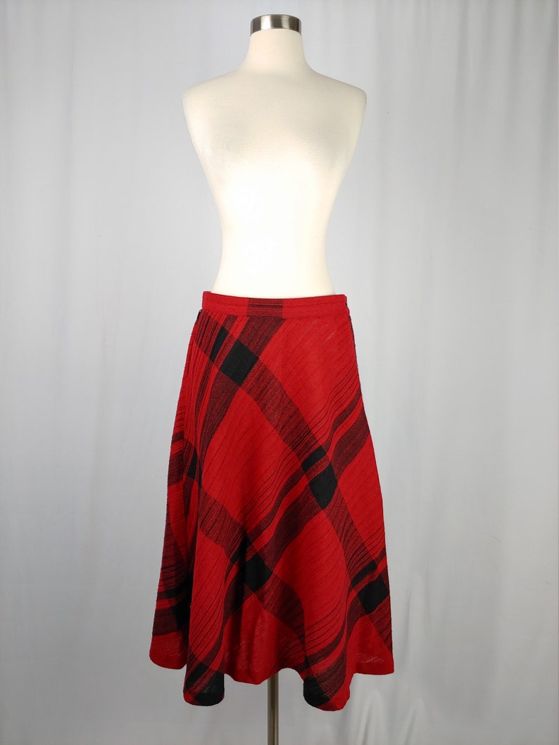 Vintage Seventies Red Plaid Set 1970s Wool Blend Top and Skirt Set 70s Dolman Sleeve Blouse and Midi Skirt Set Medium image 2