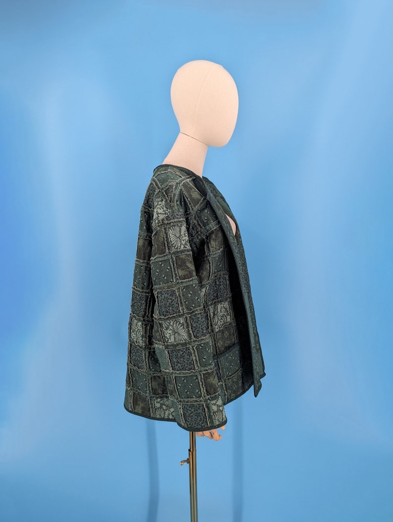 Vintage Handmade Green Quilted Patchwork Jacket Large / XL Reverse Seem Patchwork Coat image 5