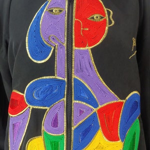 Vintage Eighties Picasso Jacket 80s Black Women's Large Mighty Soutache Colorful Picasso Woman Zip Up Jacket image 5