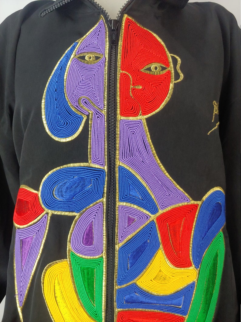 Vintage Eighties Picasso Jacket 80s Black Women's Large Mighty Soutache Colorful Picasso Woman Zip Up Jacket image 5