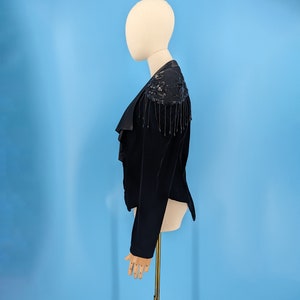 Vintage 80s Black Velvet Cropped and Fitted Western Tuxedo Jacket with Broad Shoulders and Beaded Trim Size 9 image 4