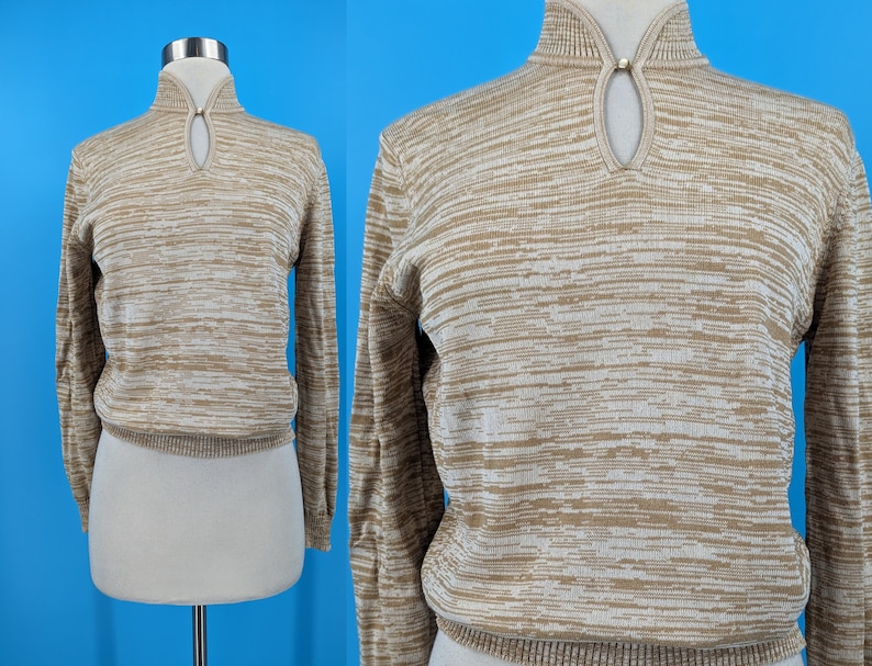 Vintage 70s Jaeger London Spacedye Silk Wool Pullover Sweater Seventies Tan Small Mockneck Keyhole Sweater image 1