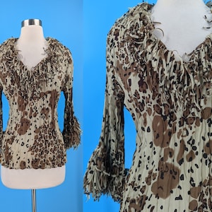 Vintage Y2K Small Jaiper Leopard Crinkle 3/4-ärmad topp med fransad volangkrage och manschetter