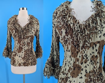 Vintage Y2K Small Jaiper Leopard Crinkle 3/4 Sleeve Top with Fringed Ruffle Collar and Cuffs