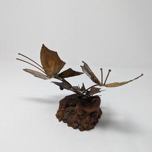 Vintage Seventies Torch Cut Brass Copper Wood Butterfly Fallen Leaves Brutalist 70s Small Sculpture image 6