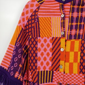 Vintage Seventies Girl's Colorful Button Up Fringe Poncho 70s Kids Acrylic Knit Patchwork Cape image 2