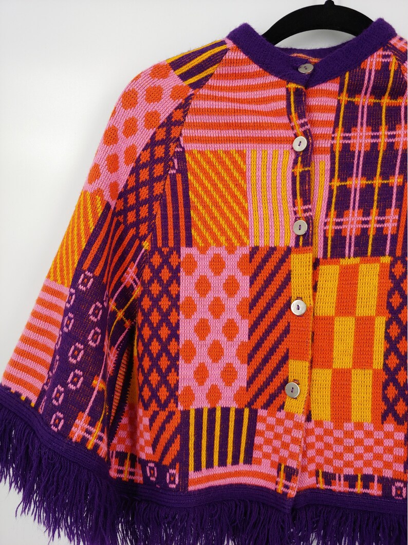 Vintage Seventies Girl's Colorful Button Up Fringe Poncho 70s Kids Acrylic Knit Patchwork Cape image 2