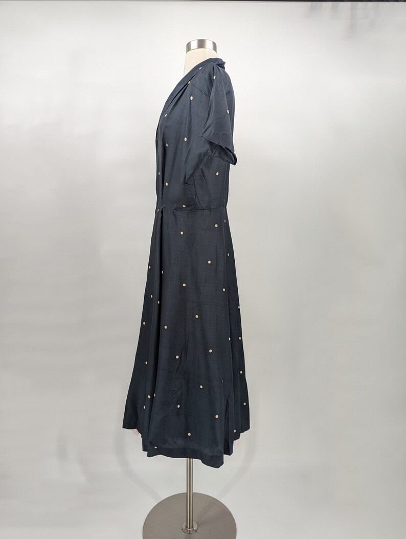 Vintage 40s Polka Dot Silk Short Sleeve Zip Front Dress Medium Forties Fit & Flare Shirt Dress image 3