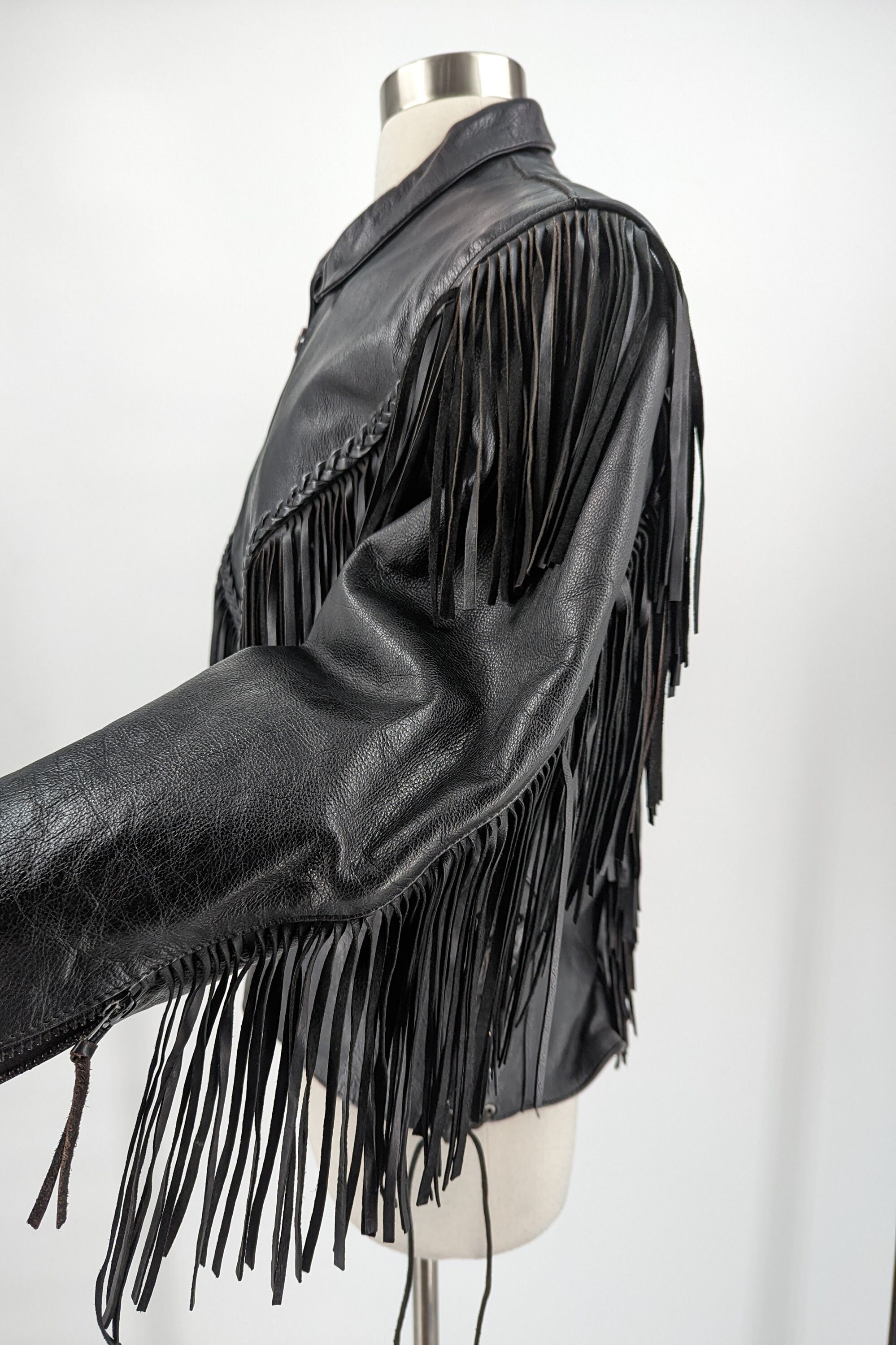 Fringed レザージャケット VINTAGE Black Leather Fringe Jacket Ladies Medium Biker